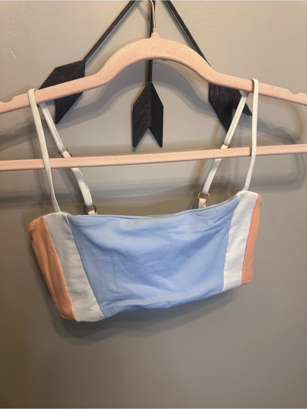 l*space Colorblock Reversible Bandeau Bikini Top in Light Blue, White & Peach